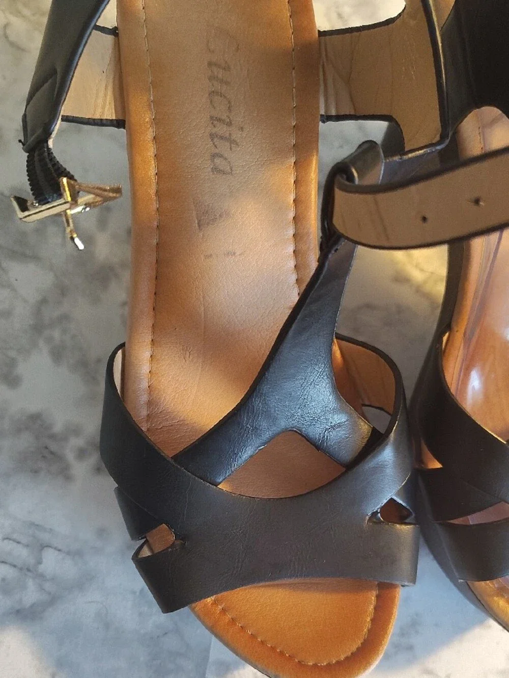 Black T-Strap Platform Sandals with Gold Buckle